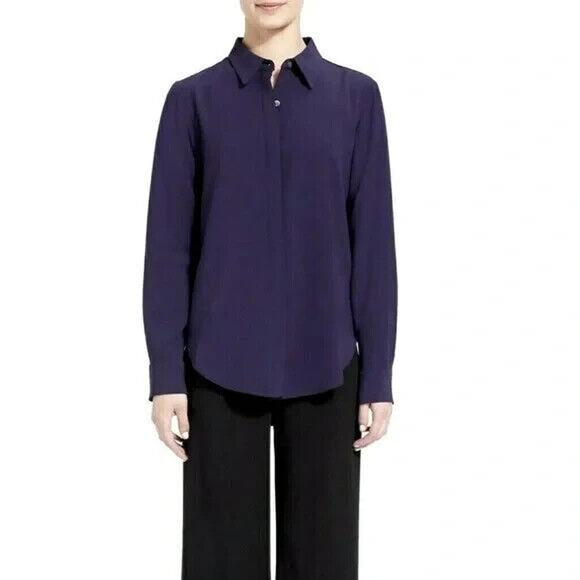 Theory Blouse Womens Size Large Sunaya Crepe Shirt Button Front Relaxed Fit - Picture 1 of 11